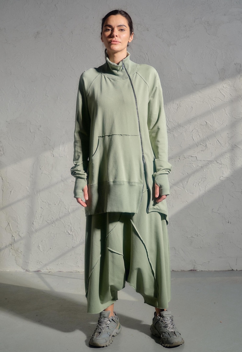 Avant garde drop crotch pants in Grean tea color, Streatwear harem pants womens, Organic cotton baggy pants, Plus sizes available