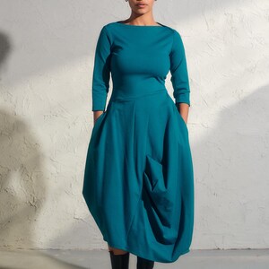 Asymmetrical viscose dress in turquoise color, Avant garde dress with pockets, Extravagant long formal dress, Plus sizes available