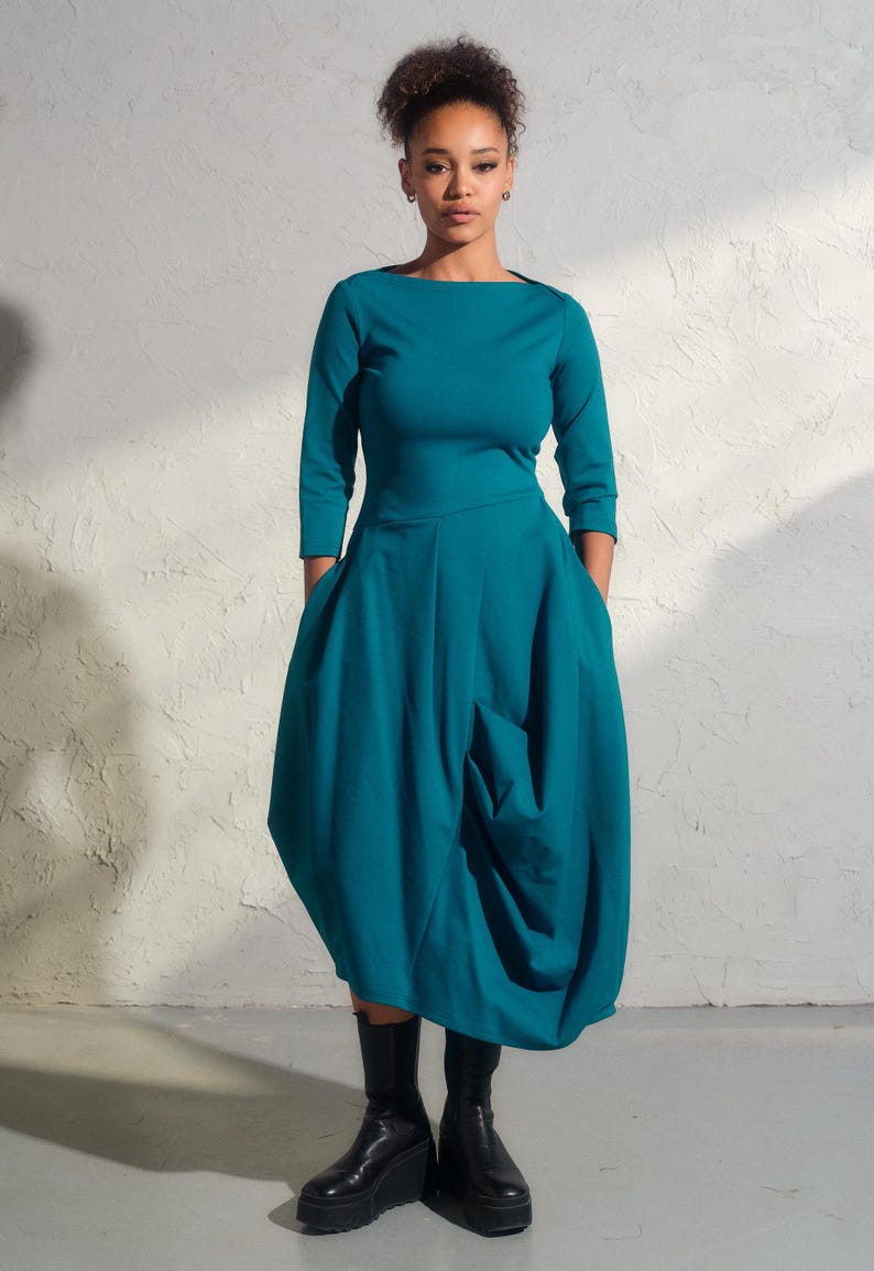 Asymmetrical viscose dress in turquoise color, Avant garde dress with pockets, Extravagant long formal dress, Plus sizes available