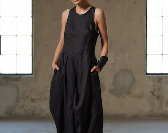 Schwarzes asymmetrisches Kleid Avantgarde Kleidung Frauen, Plus Größe Midi Leinen Kleid Frauen, Sommer Leinen Kleid, Leinen Kleidung, Steampunk Kleid