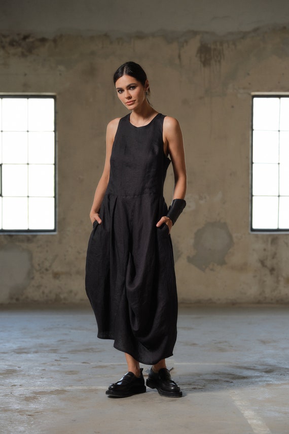 Black Asymmetrical Dress Avant Garde Clothing Women, Plus Size Midi Linen  Dress Womens, Summer Linen Dress, Linen Clothing, Steampunk Dress - Etsy