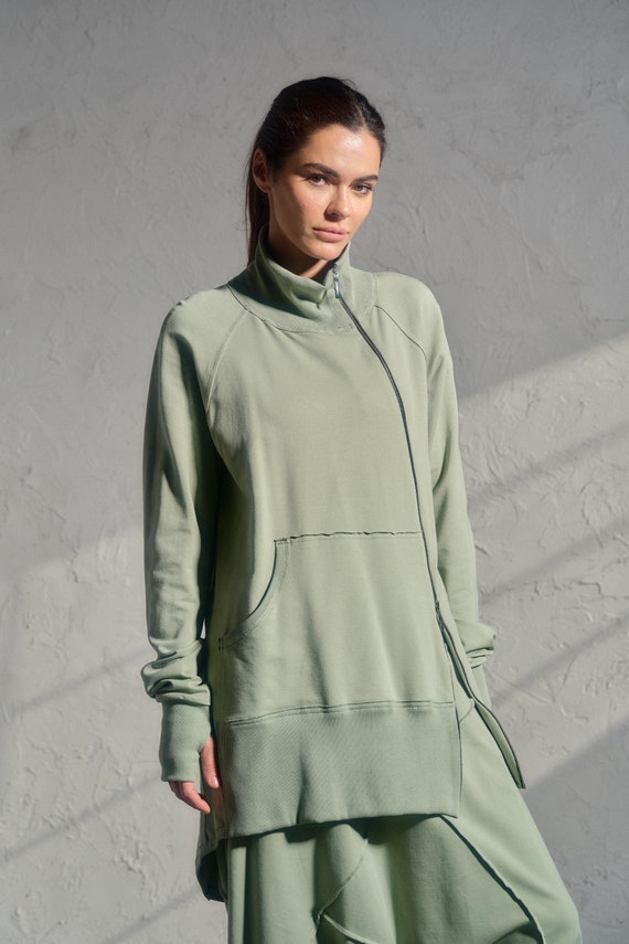 Green Tea Asymmetrical Sweatshirt Women, Cotton Sweatshirt, Plus