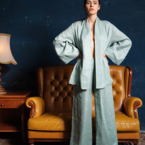 Wide leg linen pants women, Linen clothing, Green tea palazzo pants, Summer boho pants, Plus sizes available, Organic clothing, Slow fashion