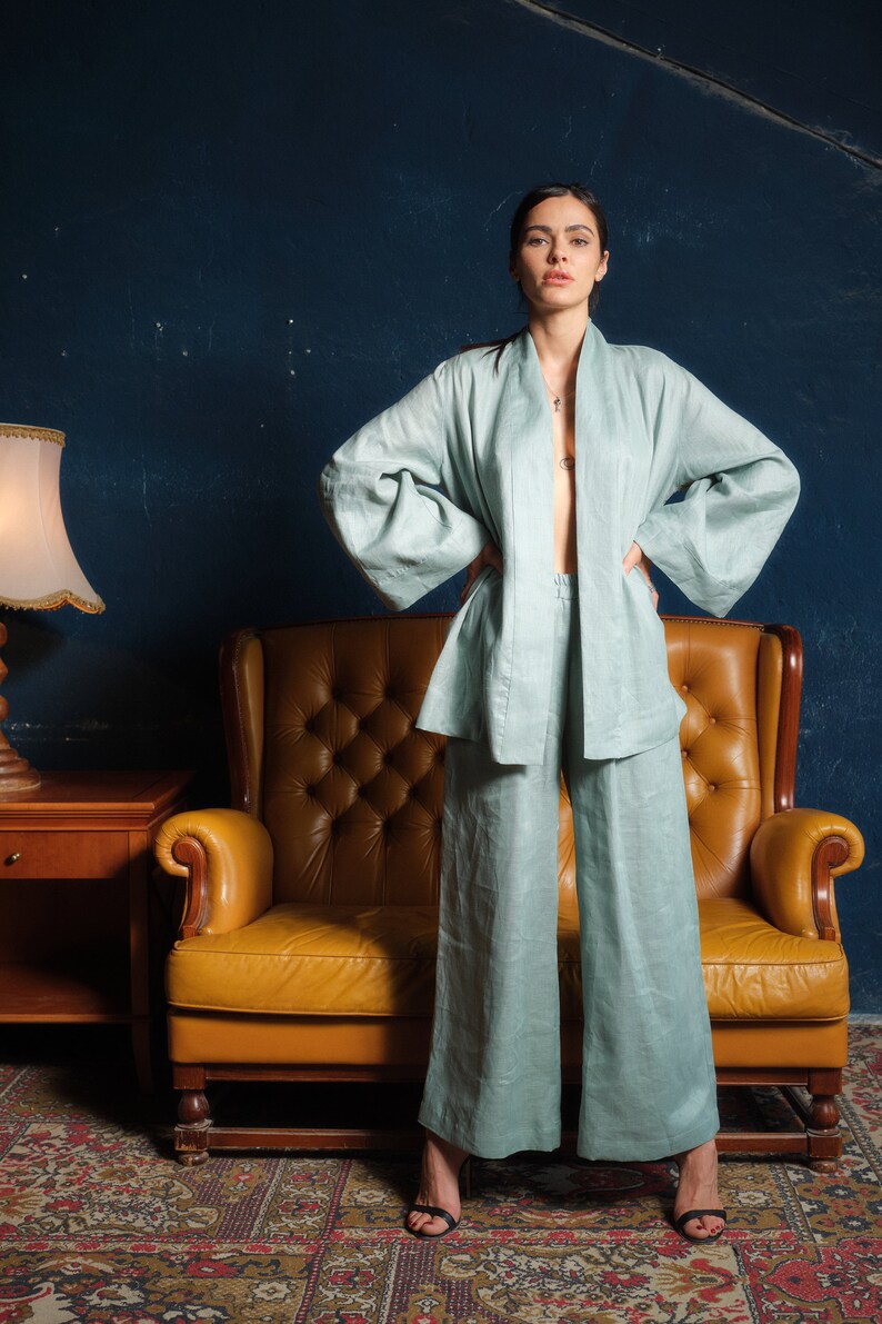 Wide leg linen pants women, Linen clothing, Green tea palazzo pants, Summer boho pants, Plus sizes available, Organic clothing, Slow fashion