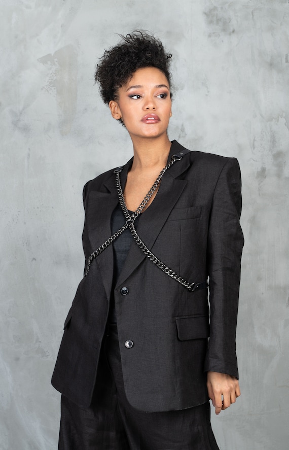 Spoedig Umeki sector Black Linen Blazer Women Oversized Blazer Black Suit Jacket - Etsy