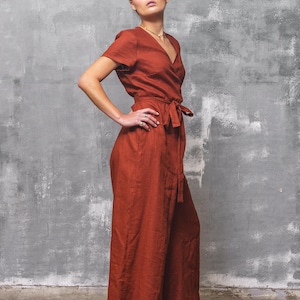 Wide leg boho jumpsuit women linen clothing women, Wrap linen jumpsuit, Brick red overalls with belt organic clothing
