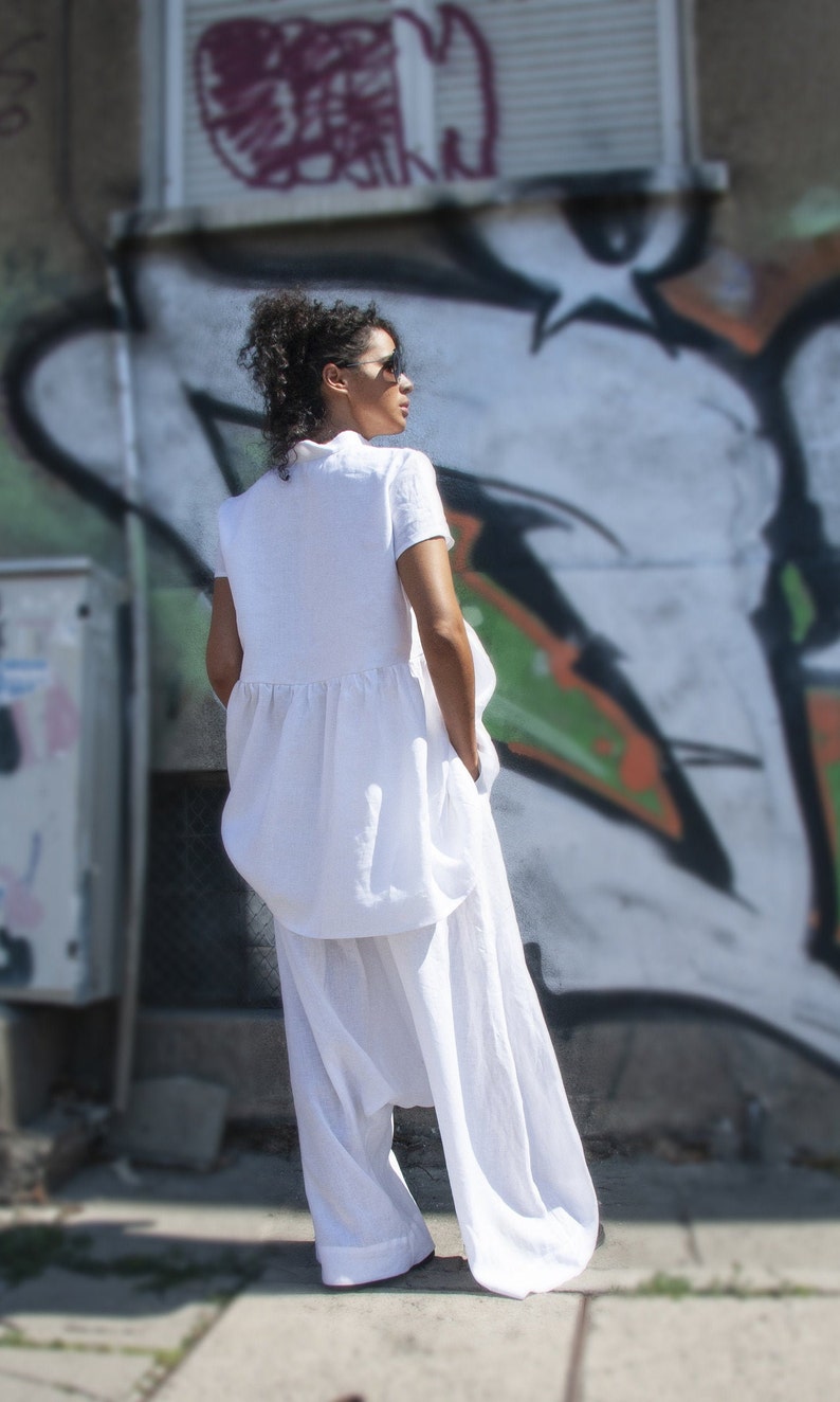 Tunique en lin blanc, chemise ample, chemise en lin blanc, caftan asymétrique, chemise blanche femme, chemise en lin, haut en lin, haut dété, caftan en lin image 8