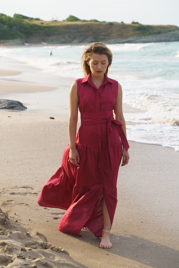 burgundy beach dress Zapaka Women Burgundy Midi Summer Dress Flutter Sleeve V-Neck Casual Dress  – ZAPAKA main image 0