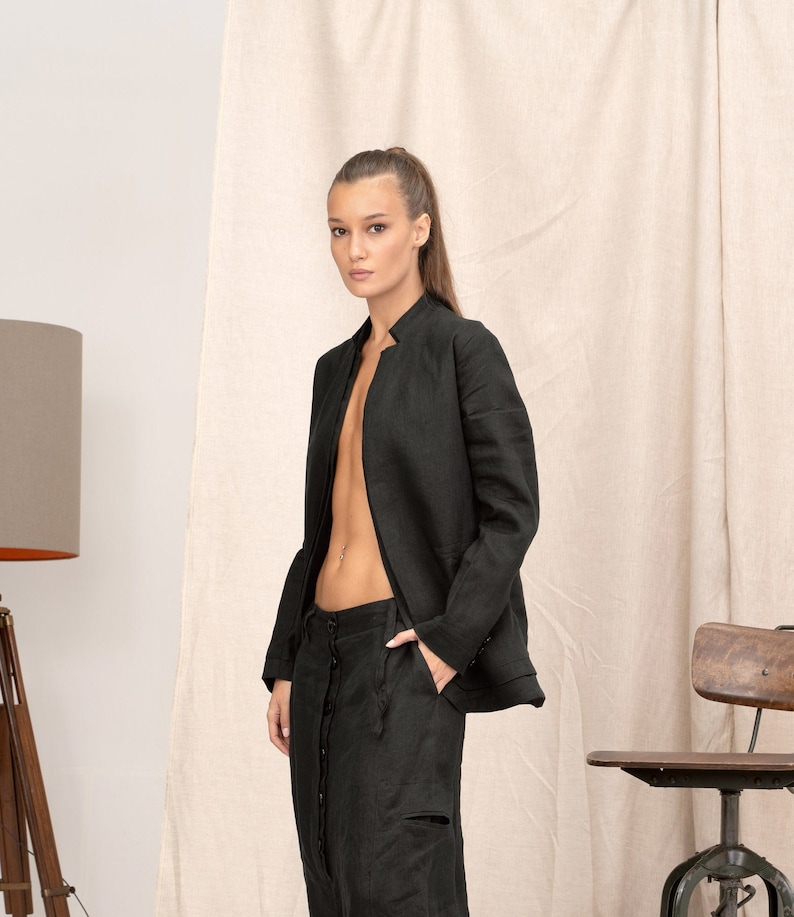 Blazer en lin extravagant avec doubles revers, veste de costume en lin vêtements en lin pour femmes, blazer Avant-garde femmes image 1