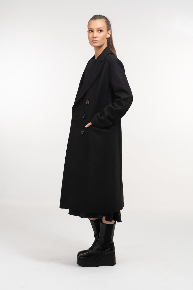 Long Black Double Breasted Wool Coat for Women, Oversized Winter Coat Womens, Winter Wool Cashmere Trench for Women