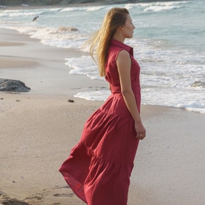 Burgundy summer linen dress, Maxi dress linen clothing, Long linen cottagecore dress, Casual dress, Slow fashion, Mid century modern