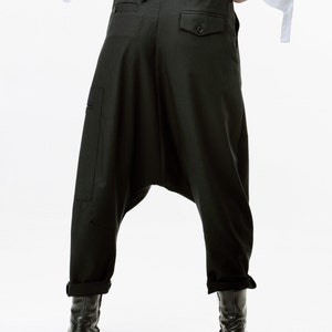 Avant garde Wool Harem Pants with Asymmetrical Details, Drop Crotch Harem Pants Women, Baggy Winter Pants