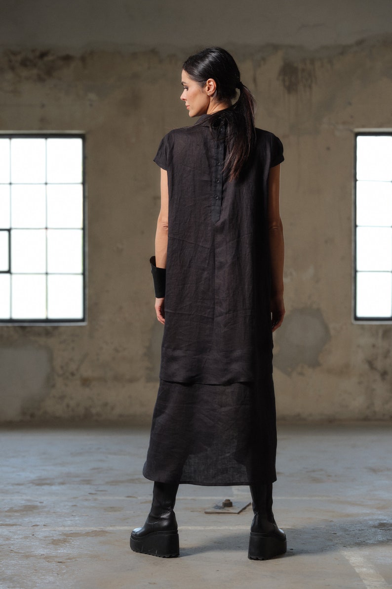 Black asymmetrical dress avant garde clothing women, Plus size midi linen dress womens, Capsule wardrobe, Linen clothing, Slow fashion