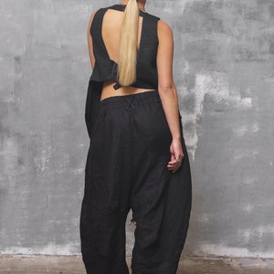 Linen pants black baggy pants women, drop crotch pants mid waist pants for women image 5