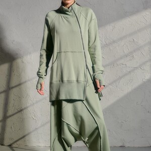 Avant garde drop crotch pants in Grean tea color, Streatwear harem pants womens, Organic cotton baggy pants, Plus sizes available