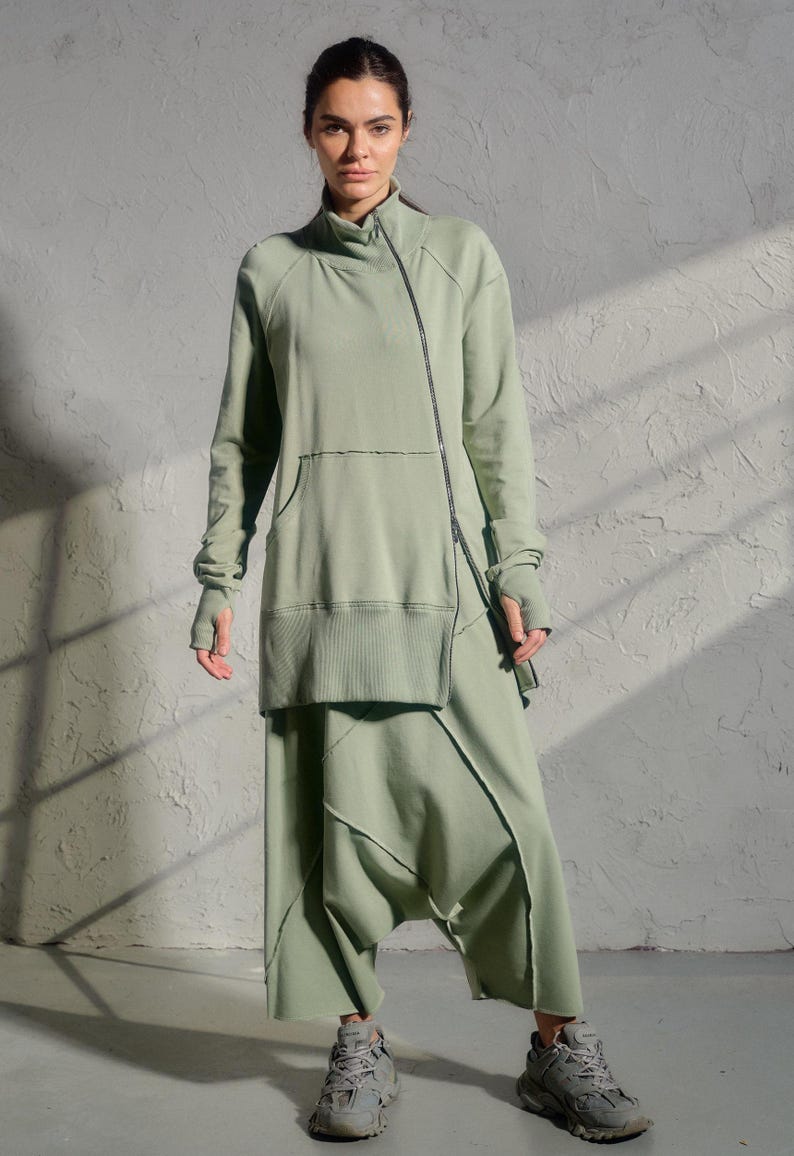 Avant garde drop crotch pants in Grean tea color, Streatwear harem pants womens, Organic cotton baggy pants, Plus sizes available