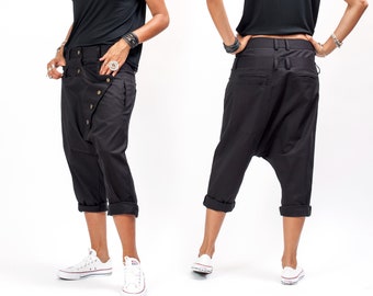 Schwarze Hose für Frauen, Haremshose Frauen, Capri Haremshose, locker sitzende Hose avantgardistische Kleidung für Frauen