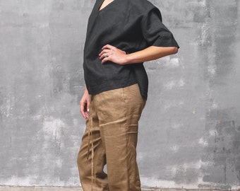 Black linen cropped front top linen clothing for women, Linen blouse women  short sleeve, Womens linen top