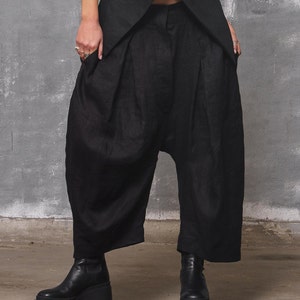 Pantalon en lin noir, pantalon ample pour femme, pantalon à entrejambe bas, pantalon taille moyenne pour femme image 7