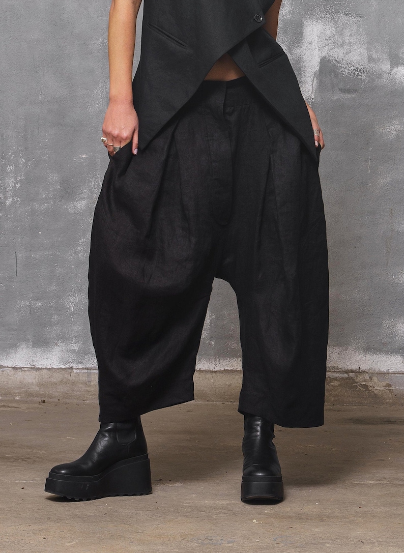 Linen pants black baggy pants women, drop crotch pants mid waist pants for women image 7