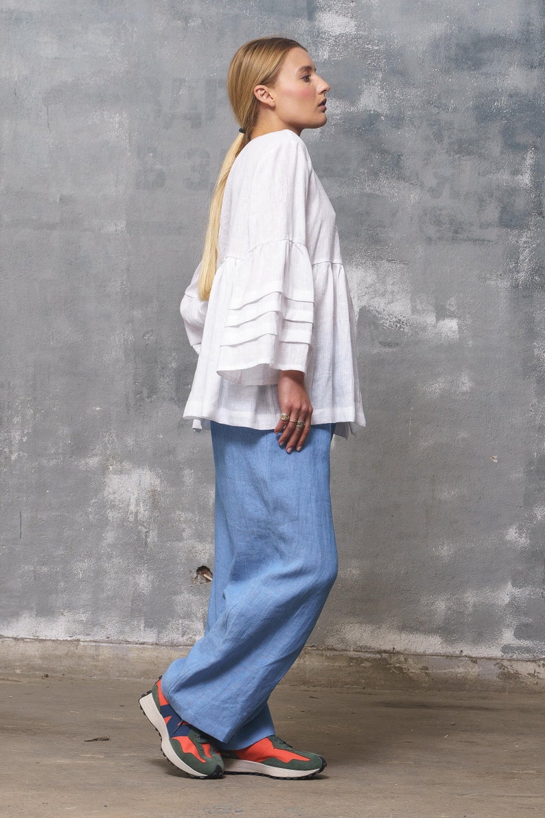 Light blue linen elastic waist pants women, Organic clothing Wide leg pants women, Linen clothing for women image 2