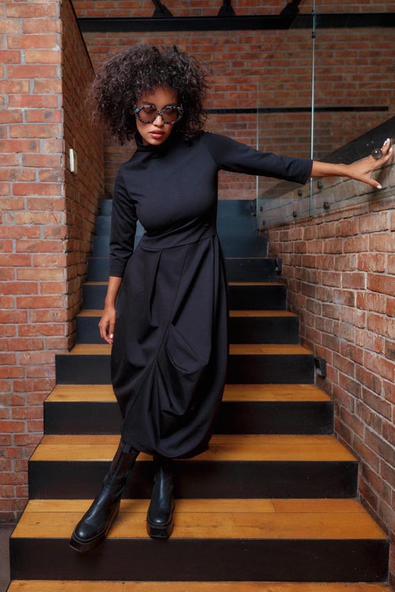 black avant garde dress Asymmetric Midi Dress, Style, Handmade thicker fabric Brand Colour:Black/Aqua KlavClo Shop Midi Dress -