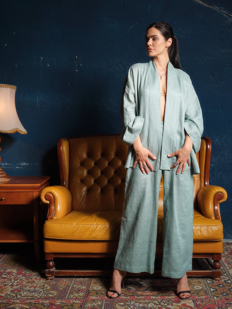 Wide leg linen pants women, Linen clothing, Green tea palazzo pants, Summer boho pants, Plus sizes available, Organic clothing, Slow fashion