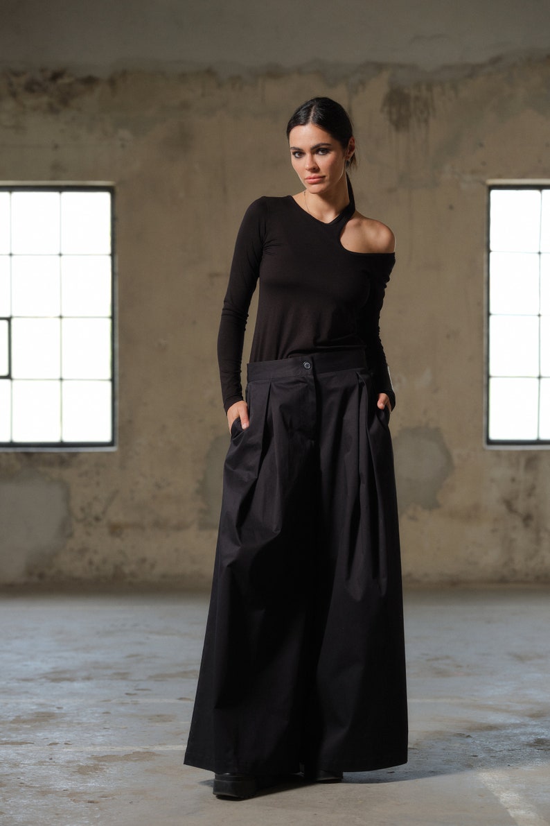 Black cotton skirt pants, Wide leg palazzo pants women organic clothing, Extravagant black pants with pleats women, Slow fashion