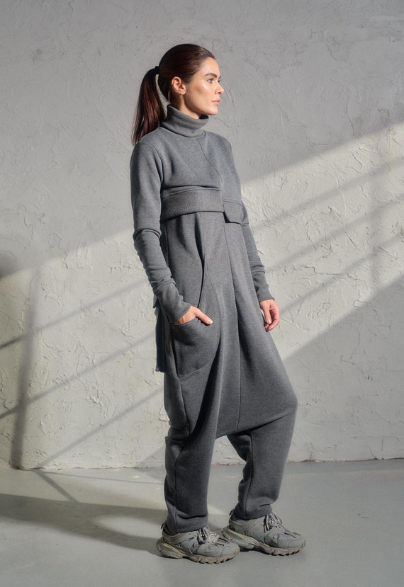 Avant-Garde Cotton Jumpsuit Set – Asymmetrical Top, Drop Crotch, Plus Size