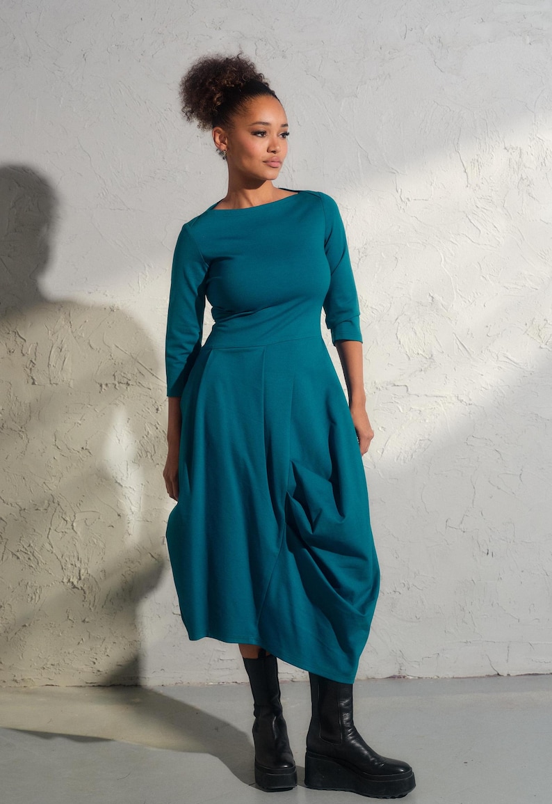 Asymmetrical viscose dress in turquoise color, Avant garde dress with pockets, Extravagant long formal dress, Plus sizes available