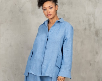 Blue linen shirt women long sleeve linen blouse women, Avant garde clothing white sparrow linen shirt women