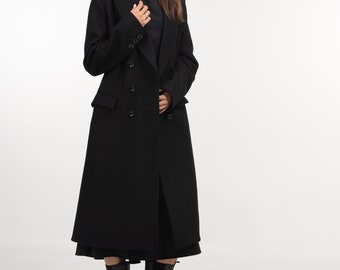 Long manteau noir en laine à double boutonnage pour femme, manteau d'hiver surdimensionné pour femme, trench en laine et cachemire d'hiver pour femme