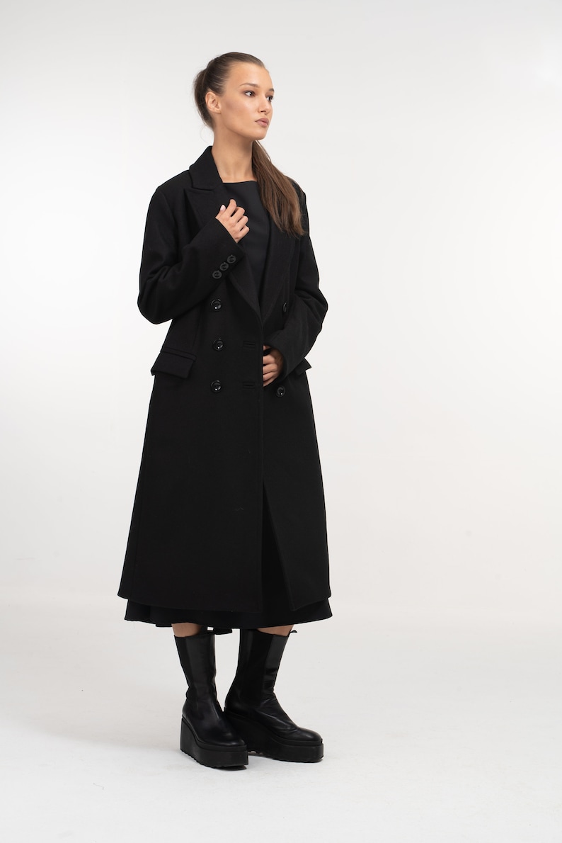 Long Black Double Breasted Wool Coat for Women, Oversized Winter Coat Womens, Winter Wool Cashmere Trench for Women