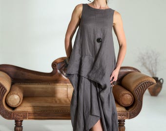 Sleeveless Linen Maxi Dress, Asymmetrical Draped Dress, Loose Fit Linen Dress, Cocoon Dress, Natural Linen Summer Dress,  XS-6XL