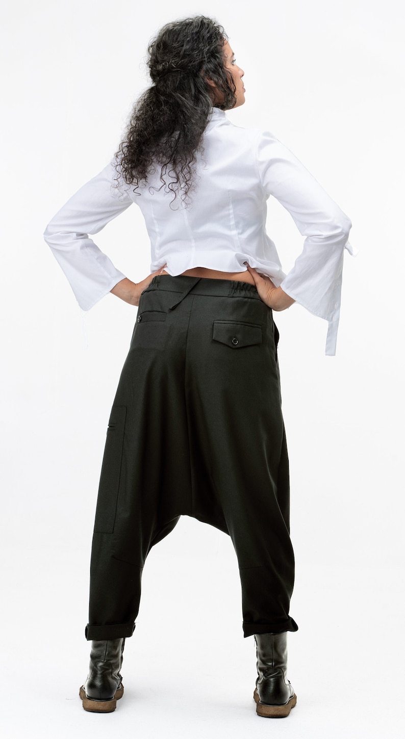 Avant garde Wool Harem Pants with Asymmetrical Details, Drop Crotch Harem Pants Women, Baggy Winter Pants