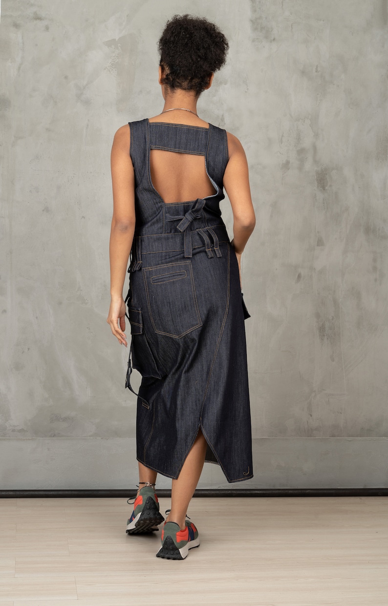 Denim cargo dress, Asymmetrical denim dress, Utility dress cargo pockets dress, Structured denim dress