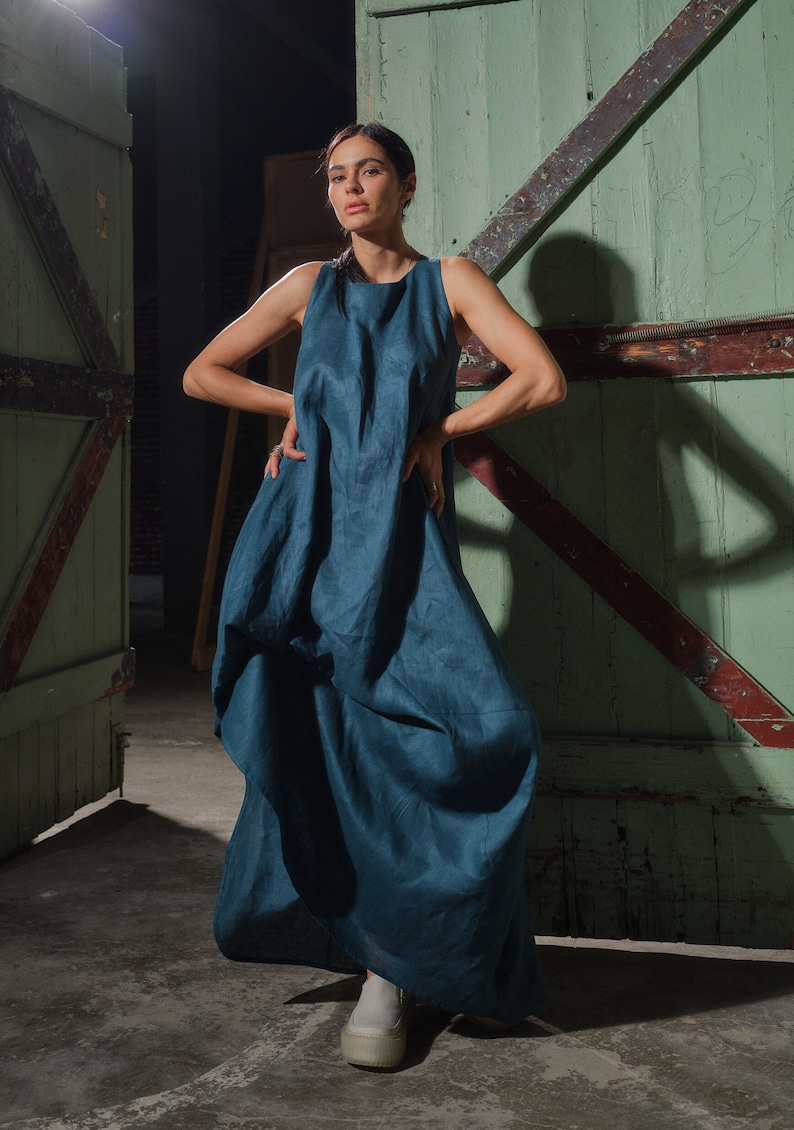 Petroleum blue summer linen maxi dress, Asymmetrical kaftan, Linen boho dress, Sustainable linen clothing, Slow fashion image 2