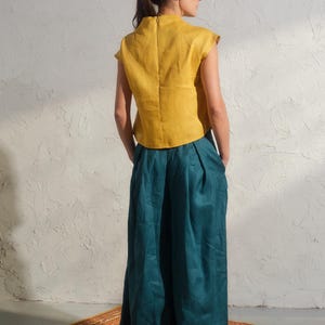 Summer linen top in mustard color, Avant garde clothing, Organic sleeveless linen blouse, Womens boho linen top, Plus sizes available