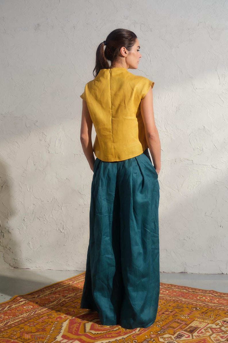 Summer linen top in mustard color, Avant garde clothing, Organic sleeveless linen blouse, Womens boho linen top, Plus sizes available