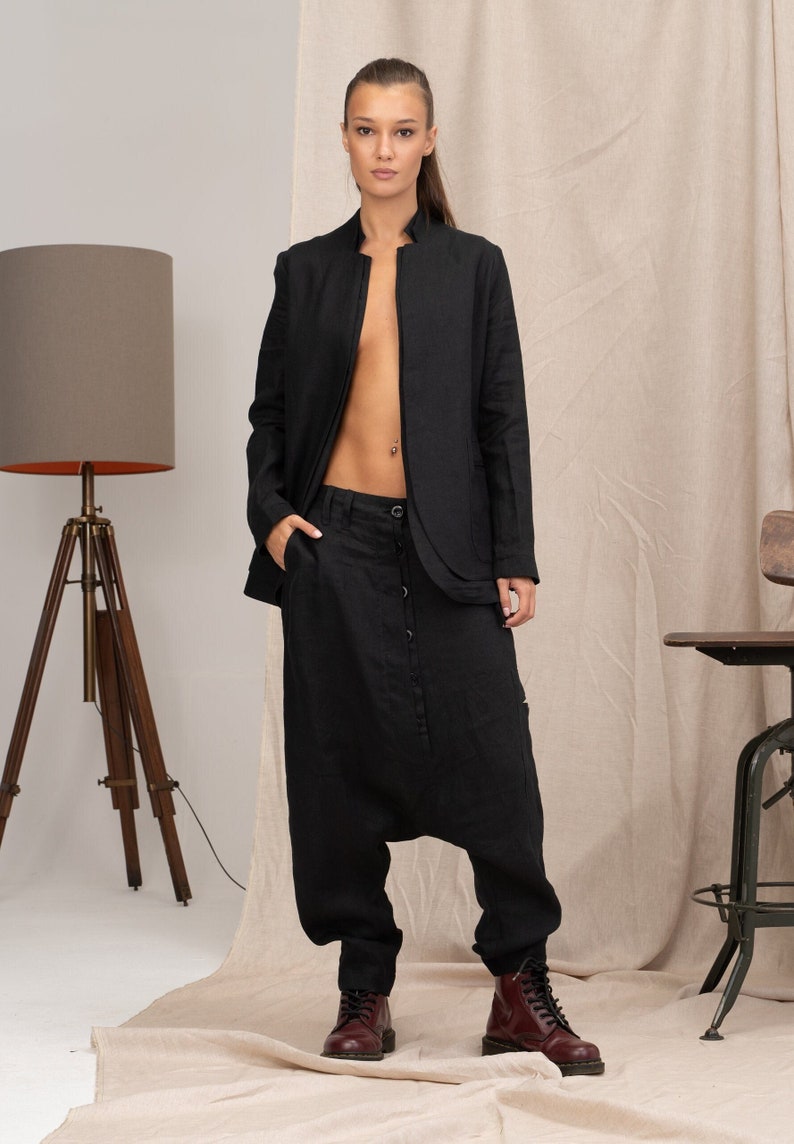 Zeitgenössische Leinenhose mit tiefem Schritt, Haremshose Damen, Avantgarde Leinenhose, Leinen Baggyhose Bild 1