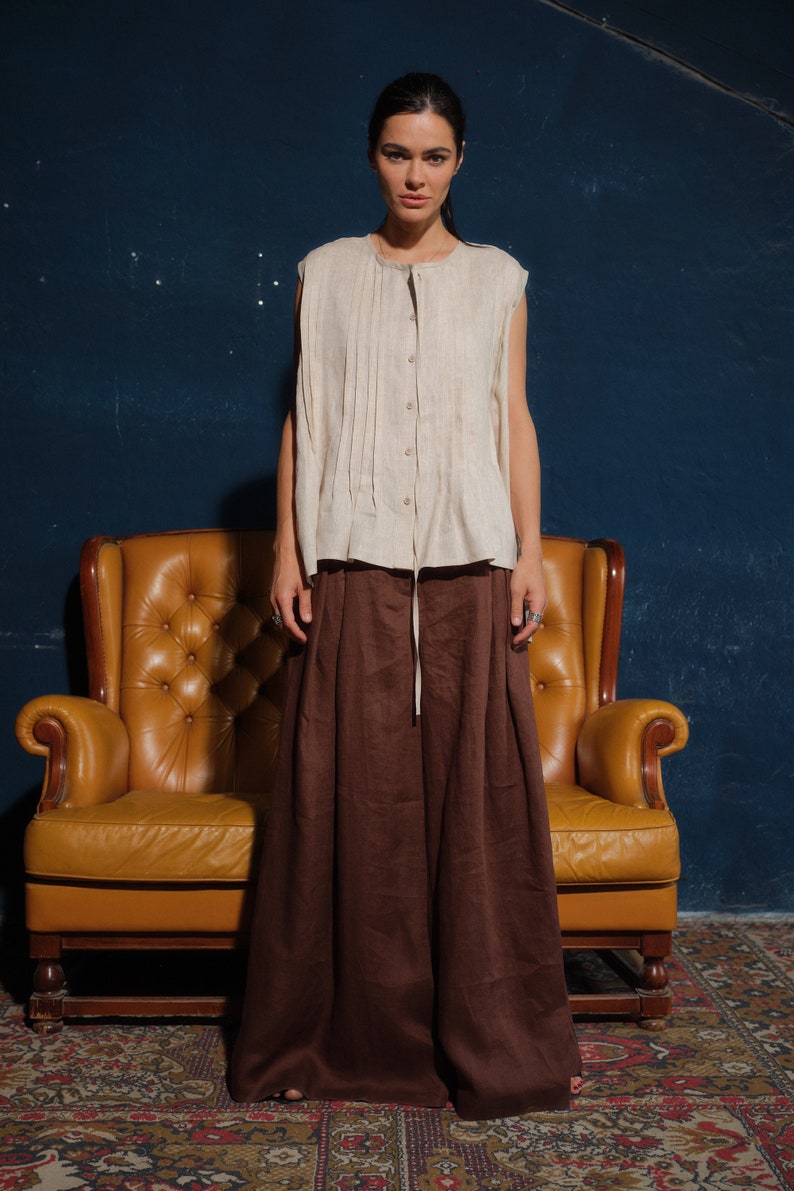 Linen skirt pants, Wide leg linen palazzo pants women linen clothing, Chocolate brown linen pants with pleats women,