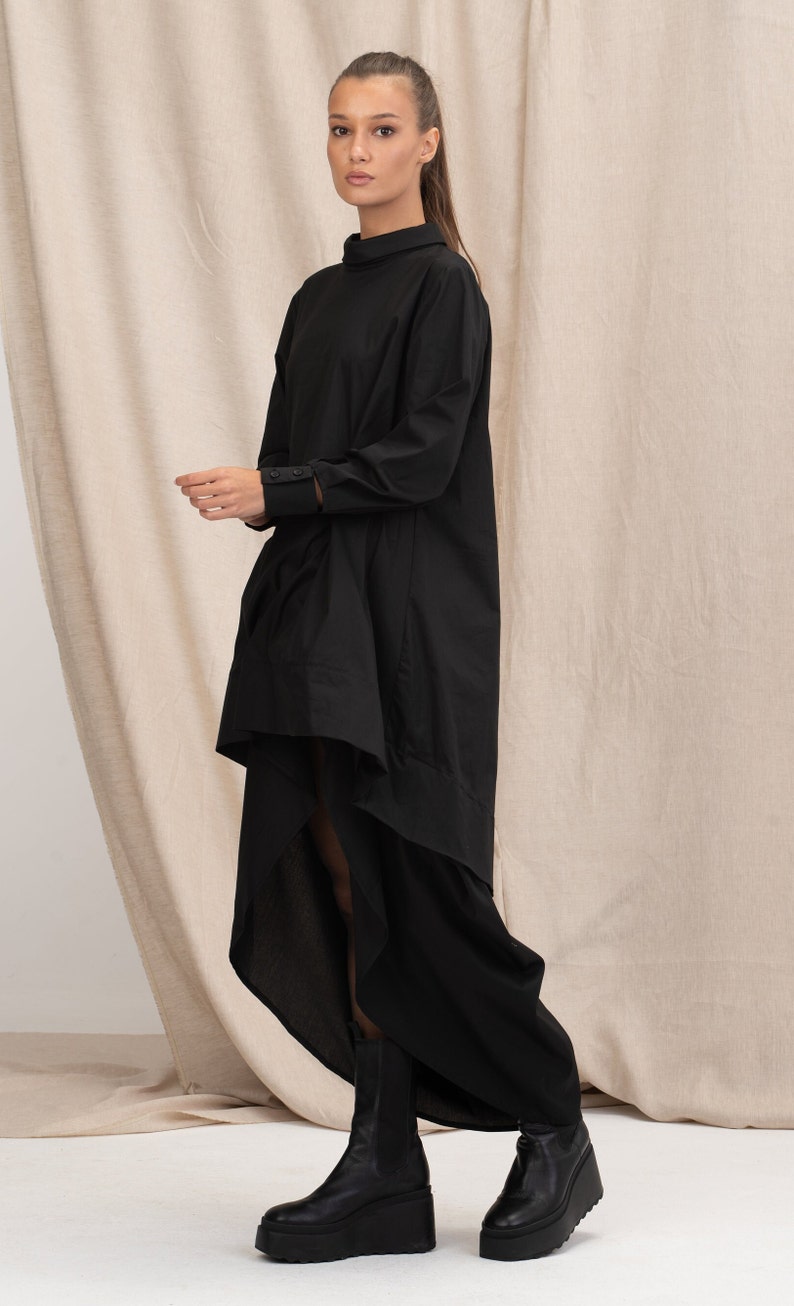 Black Asymmetrical Cotton Dress, Oversize Loose Dress, Plus Size Maxi Dress, Cotton Dress, Extravagant Long Dress 画像 4