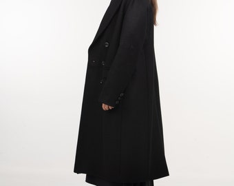 Long Black Double Breasted Wool Coat for Women, Oversized