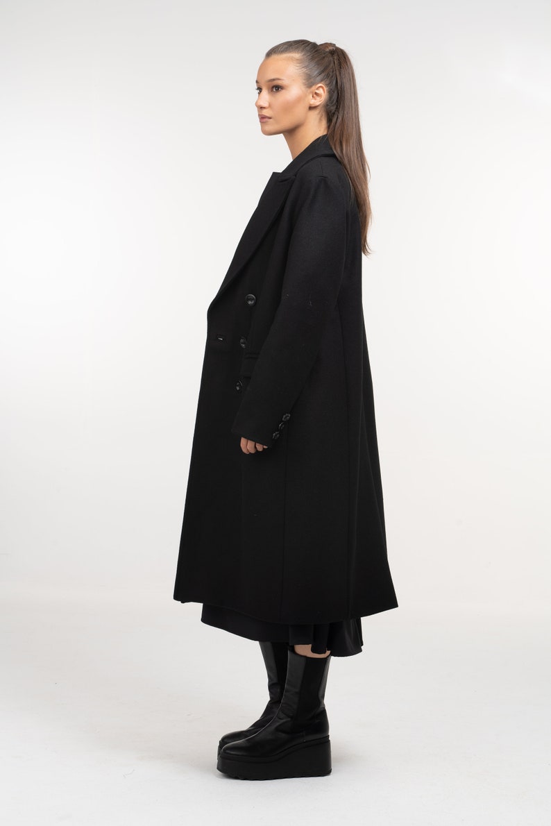 Long Black Double Breasted Wool Coat for Women, Oversized Winter Coat Womens, Winter Wool Cashmere Trench for Women