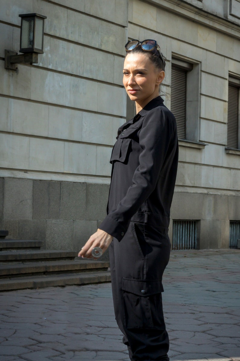 Utility jumpsuit womens, Black viscose overalls with cargo pockets, Military style, Women overalls, Aviators romper, Pluse sizes available