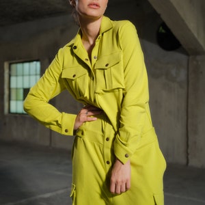 Mono utilitario verde limón para mujer, mono holgado con bolsillos cargo, mono casual, imagen 3