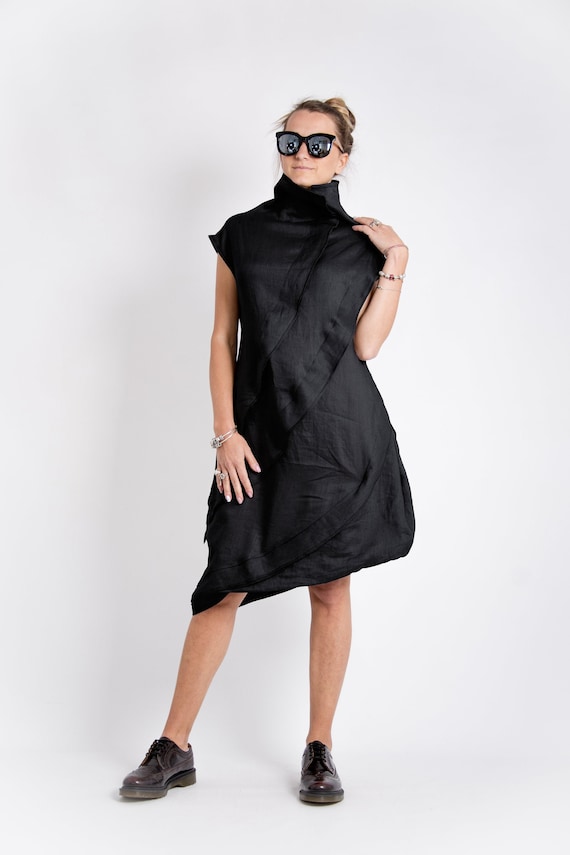 Black Linen Steampunk Dress: Asymmetrical Avant Garde Clothing