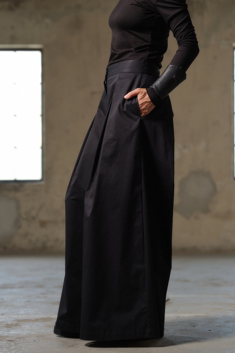 Black cotton skirt pants, Wide leg palazzo pants women organic clothing, Extravagant black pants with pleats women, Slow fashion