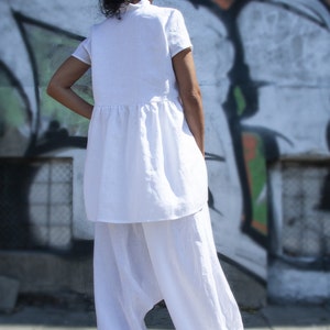 Tunique en lin blanc, chemise ample, chemise en lin blanc, caftan asymétrique, chemise blanche femme, chemise en lin, haut en lin, haut dété, caftan en lin image 6