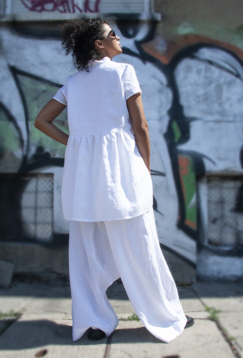 Tunique en lin blanc, chemise ample, chemise en lin blanc, caftan asymétrique, chemise blanche femme, chemise en lin, haut en lin, haut dété, caftan en lin image 6